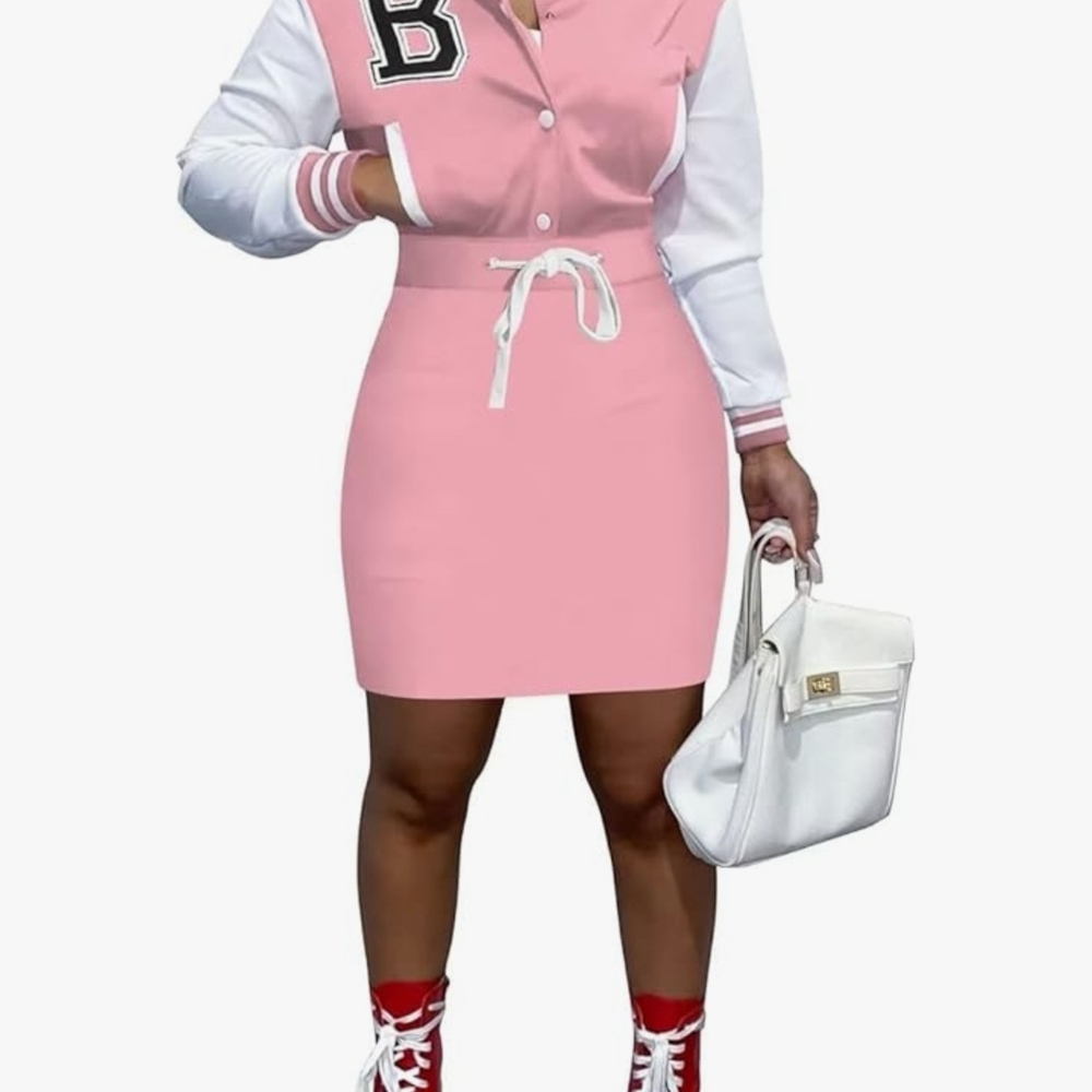 Pink Varsity Style Dress with White Sleeves
